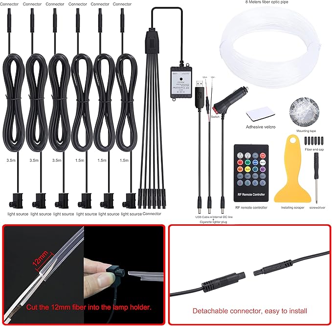 8 m Optic Fiber Car Ambient Lighting Kit RF Remote Control 8 Colors Multicoloured Music Interior Lighting Kit 12V 1W