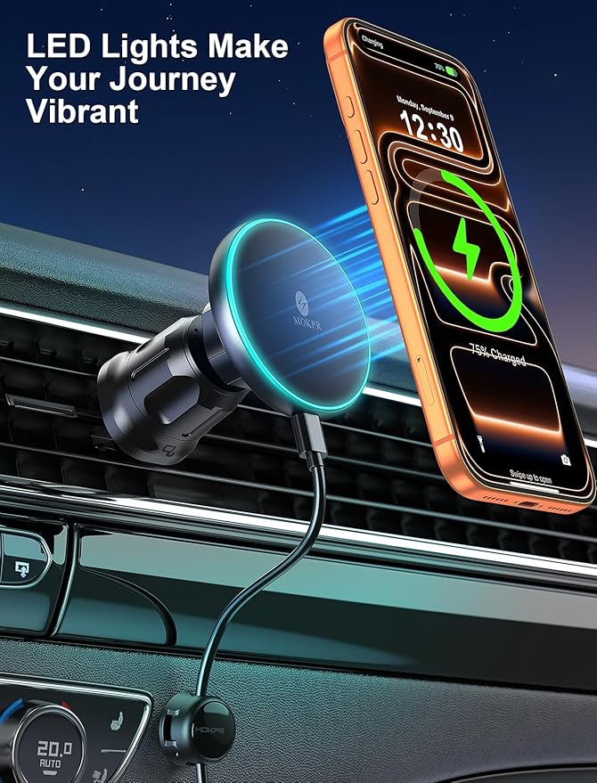MOKPR for iPhone Magsafe Car Mount Charger, Wireless Car Charger Magnetic Car Phone Holder for Dash Air Vent-LED HandsFree Car Mount Fast Car Charger for iPhone 17/16/15/14/13/12