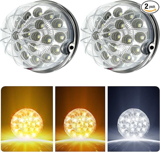 2PCS 17 LED Dual Revolution Amber Turn Signal & White Auxiliary Watermelon Lights, Clear Lens with Stainless Steel Bezel, Compatible with Freightliner, Ke-nw-or-th, Peterbilt & Heavy Trucks