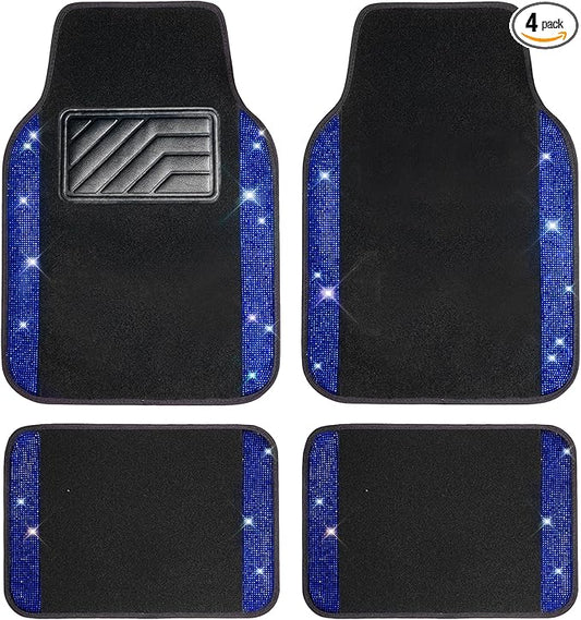 CAR PASS Bling Rhinestones Diamond Car Floor Mat,Sparkly Glitter Shining Crystal Carpet Anti-Slip PVC Heel Pad Waterproof Universal for Automotive SUV,Sedan,Van,4pcs Girl Pretty Women Men Black Blue