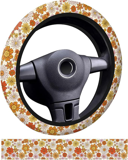 Car Steering Wheel Cover, Universal 15 Inch Neoprene Non-Slip Steering Wheel Covers, Funny Car Accessories for Women Men Fit Auto, Suvs, Truck Cute Boho Colorful Flowers