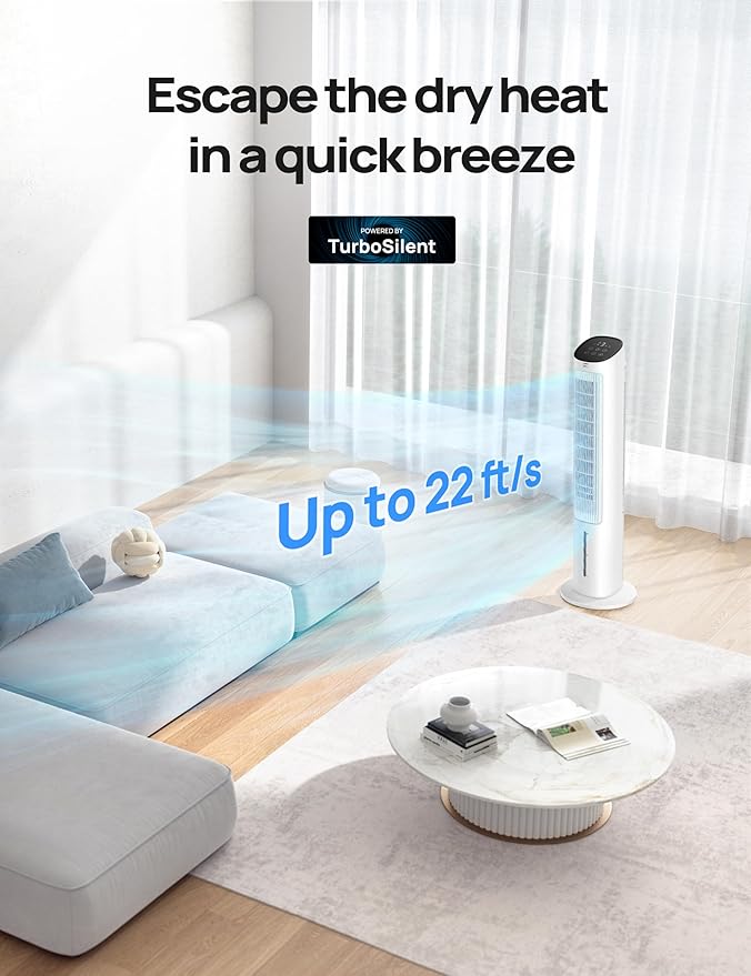 Dreo Tower Fan for Bedroom, 40" Evaporative Air Cooler, Cooling Fans That Blow Cold Air with 80° Oscillating, Removable Water Tank, 3 Modes 4-Speed, Remote Control, Quiet Floor Fan, 7H Timer，White