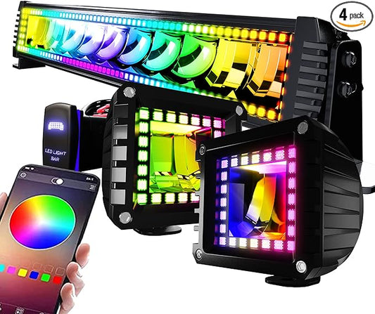 22" RGB LED Light Bar 2Pcs 4" Flood LED Pods with Multi-Color Chasing RGB Halo 16 Solid Colors Over 92 Flashing Modes Offroad Lights Driving Lamp Fog Lights with Switch Wiring Harness