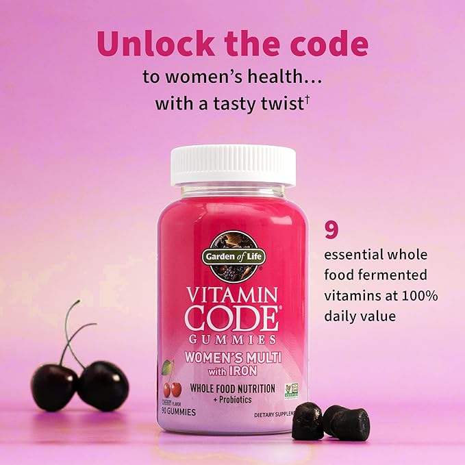 Women’s Multivitamin Gummy with Iron: Folate, Biotin, D3 & B12 for Hair, Skin & Nails + Probiotics for Immune Health & Digestion, Vitamin Code, Non-GMO, Gluten-Free, 90 Cherry Gummies, 30 Day Supply