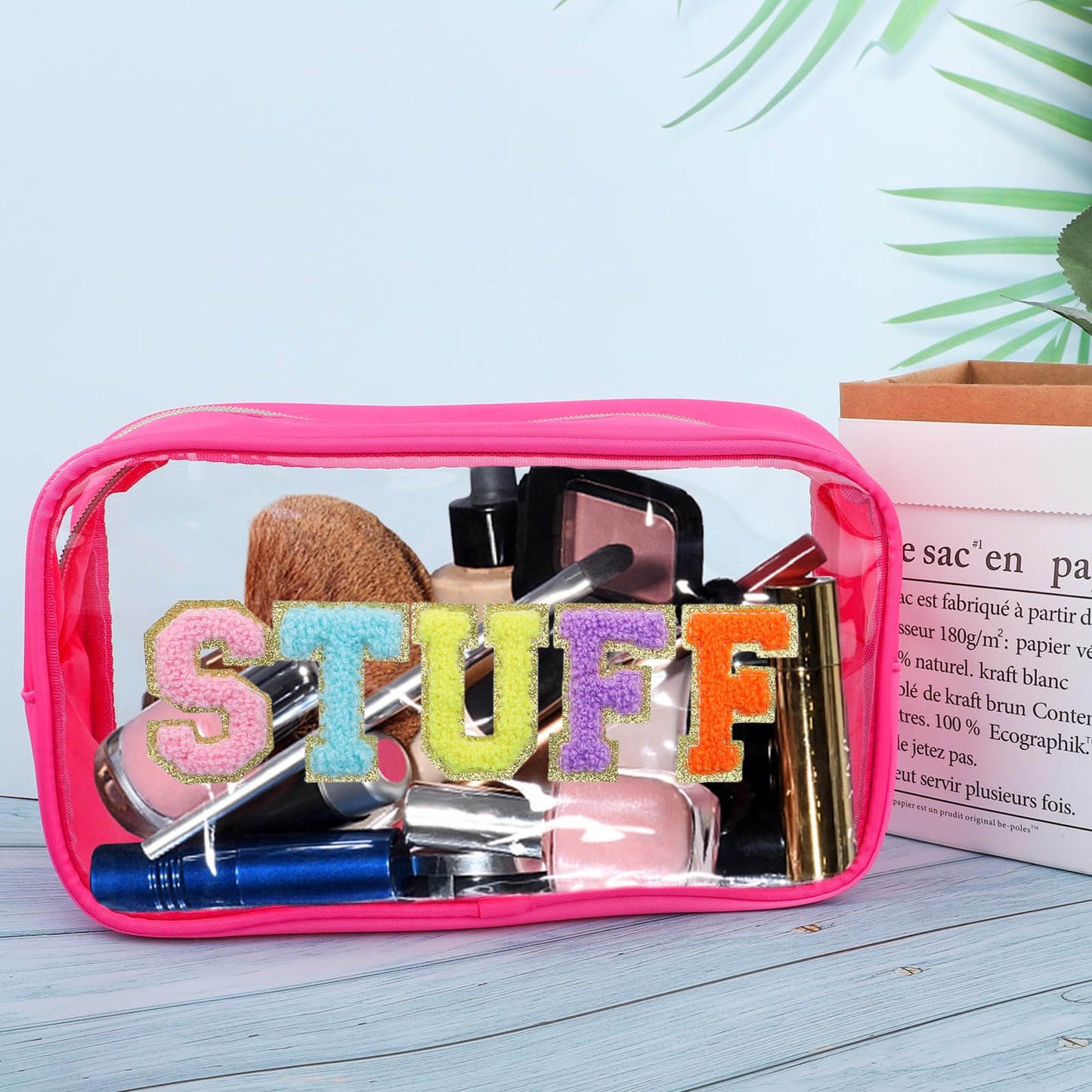 Moncinday Preppy Patch STUFF Makeup Bag Chenille Letter Cosmetic Bag for Women, Transparent PVC Zipper Patch Bags Organizer Waterproof Portable Travel Makeup Bag for Women Girls Teens (Pink)