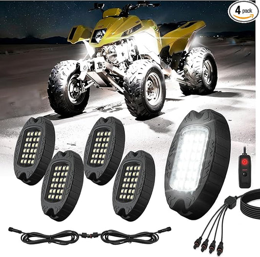 4 Pods Alloy Pure White LED Rock Lights for ATV SUV UTV RZR Trucks Trailer Offroad Pickup Fender, IP68 Waterproof Shockproof 6500K 24LEDs Super Bright White Underglow Kit with Switch Wiring Harness