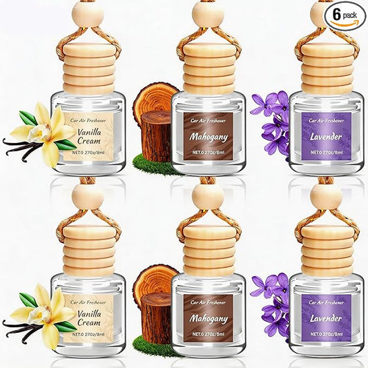 Car Air Freshener 6 Pack, Vanilla Cream,Mahogany & Lavender 3 Natural Scent, Long Lasting Essential Oil Fragrance Diffuser, Hanging Air Freshener Cute Car Accessories Interior for women