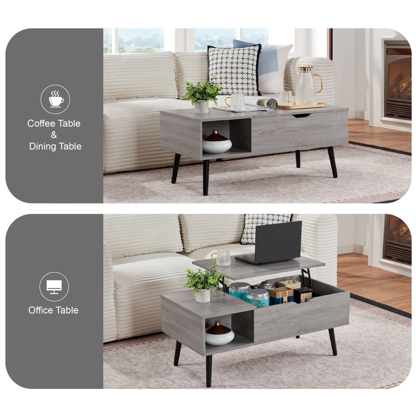Furrnook 39" Lift Top Coffee Table with Hidden Compartment & Storage Shelf, Multifunctional Desk for Living Room, Home Office, Ergonomic Lift, Ample Storage for Gadgets & Essentials (Gray)