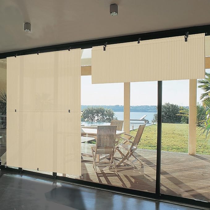 Bynbbur 6'W x 10'H Outdoor Patio Shades Foldable Roller Blinds, 220 GSM Sun Shade Roll Up Porch Screens Exterior Shade Cloth for Deck Pergola Backyard, Beige