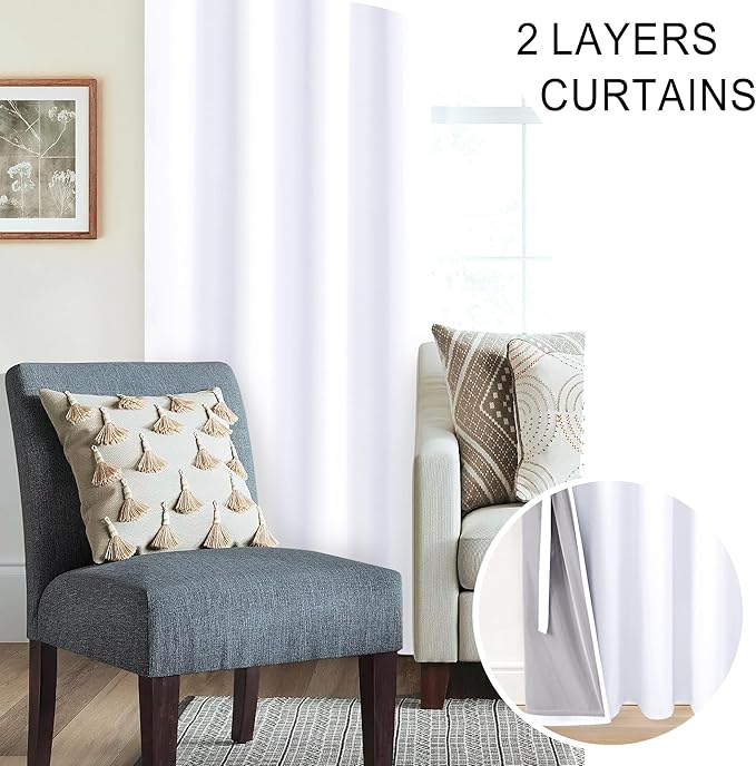 XWZO White 100% Blackout Curtains - Heat and Full Light Blocking Drapes with Black Liner for Bedroom/Laundry Room, Grommet Top Window Panels with Tiebacks, White, W42 x L63, Set of 2