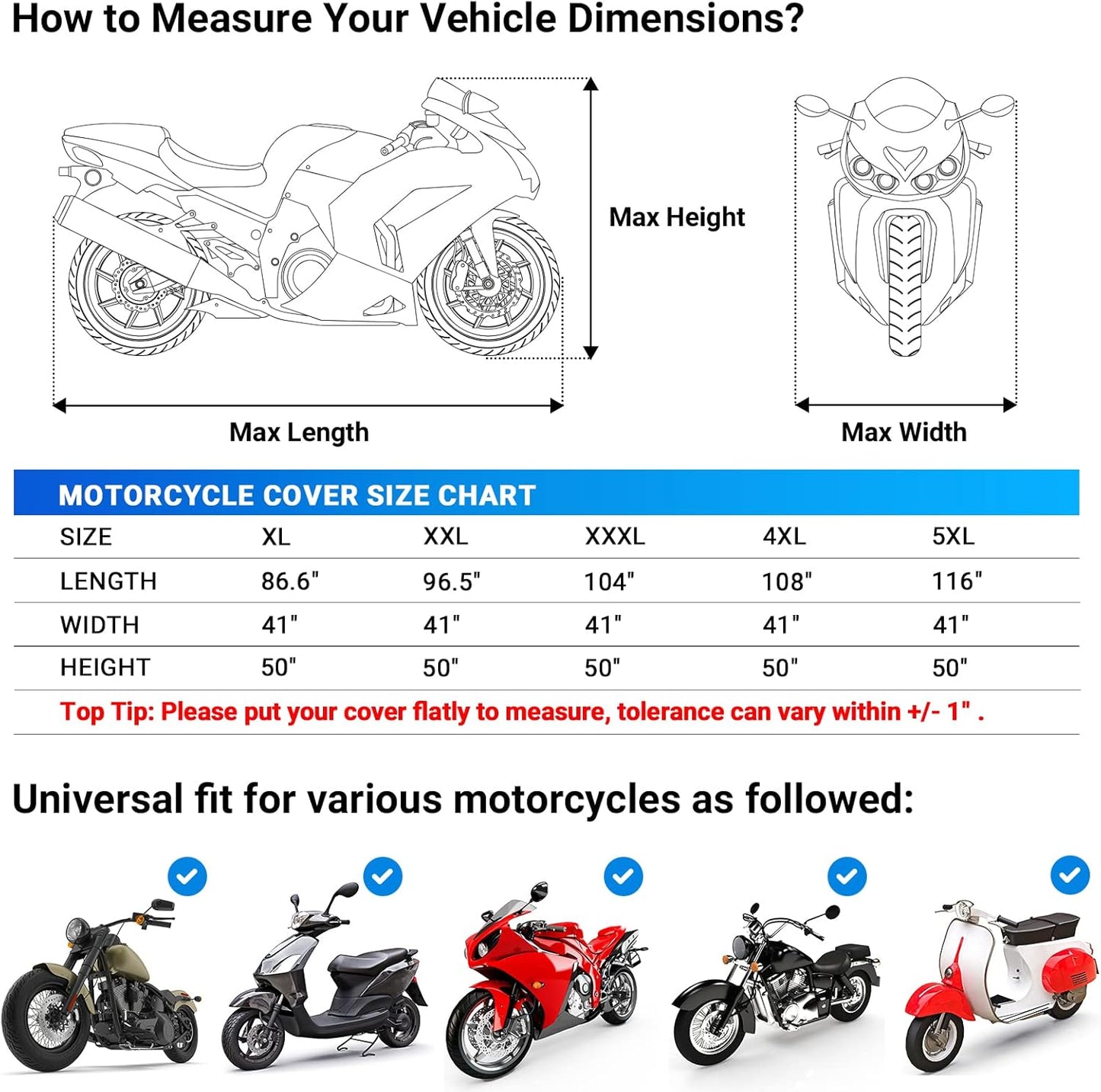 Favoto Motorcycle Cover All Season Universal Weather Quality Waterproof Sun Rain Outdoor Protection Night Reflective with Lock-Holes & Storage Bag Fits up to 86.6" Motorcycles Vehicle Cover
