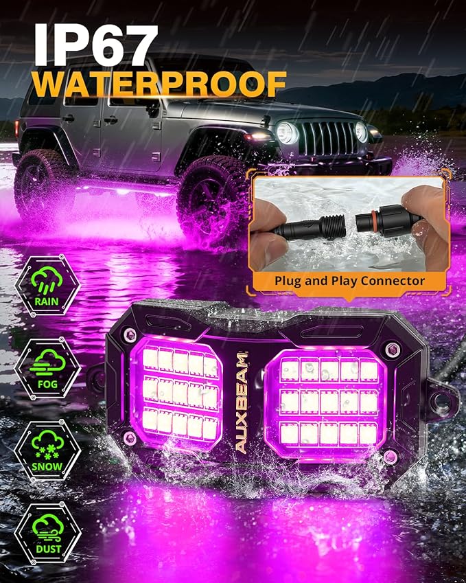 Auxbeam 4 Pods RGB LED Rock Lights Dynamic Color Changing with Brake Mode Wheel Well Lights w/Bluetooth APP+Remote Control Music Voice Sync IP67 Waterproof Underglow Kit for Trucks ATV 1 Year Warranty