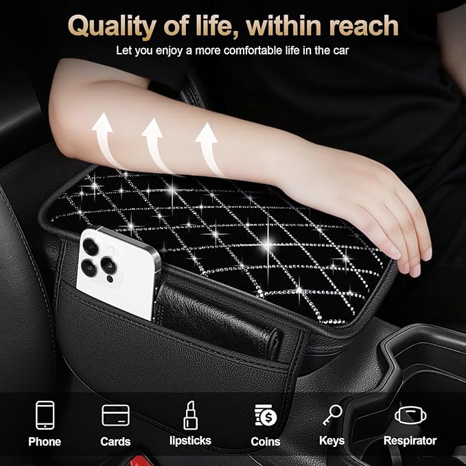 Bling Center Console Cover with 2 Side Pockets Fit for Corolla Cross Multi-Functional Car Armrest Cushion Diamond-Studded Rhombus Pattern Style(Black&Silver Diamond)
