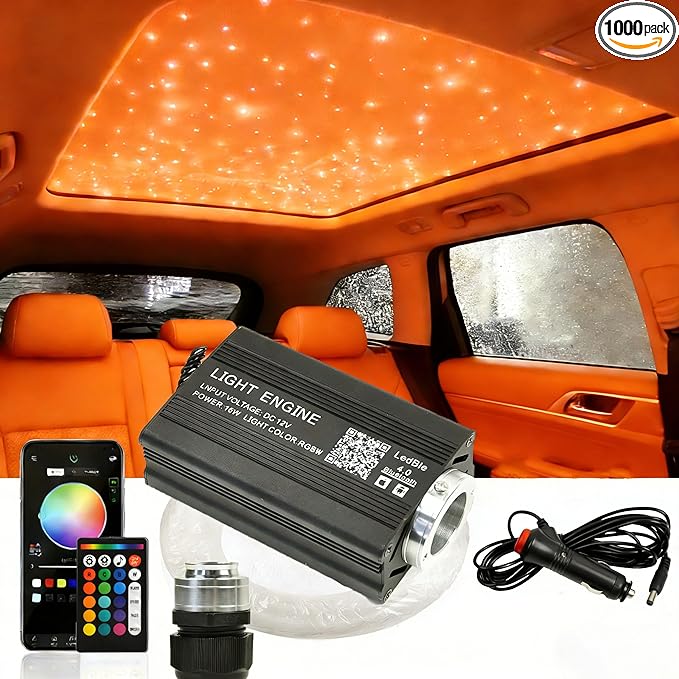 Starlight Headliner Kit 1000Pcs 0.03in*6.5ft*2m 16W RGBW Music/Voice APP/Remote Control Activated Star Lights for Car Fiber Optic Star Light for Car Roof Theater Game Bed Room Ceiling