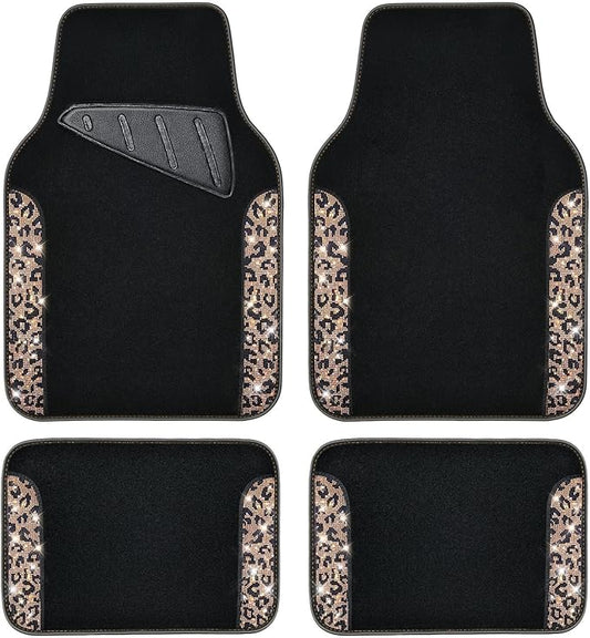CAR PASS Bling Diamond Car Floor Mats, Shining Rhinestone Carpet Sparkly Glitter Crystal with Anti-Slip PVC Heel Pad Waterproof Universal Fit Automotive SUV,Sedan,Van,Cute Girl Women,4pcs Gold Leopard