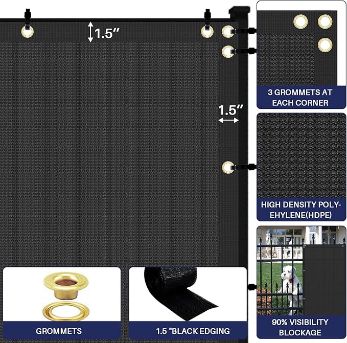 Windscreen4less Privacy Fence Screen Heavy Duty Windscreen Fencing Mesh Fabric Shade Net Cover with Brass Grommtes for Outdoor Wall Garden Yard Pool Deck, 8'x59' Black
