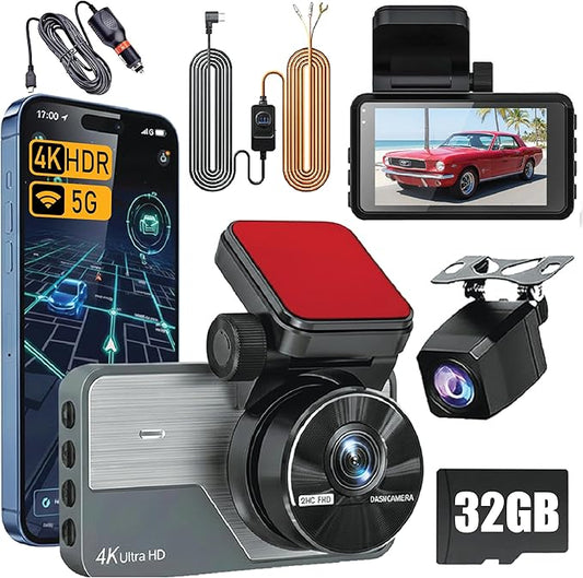 4K Dash Cam Front and Rear, STARVIS 2 Sensor, Free 32GB Card & Hardwire Kit Included, 5G WiFi 20MB/s Fast Download, Dash Camera for Cars with GPS, WDR Night Vision, 170° Wide Angle, 24H Parking Mode