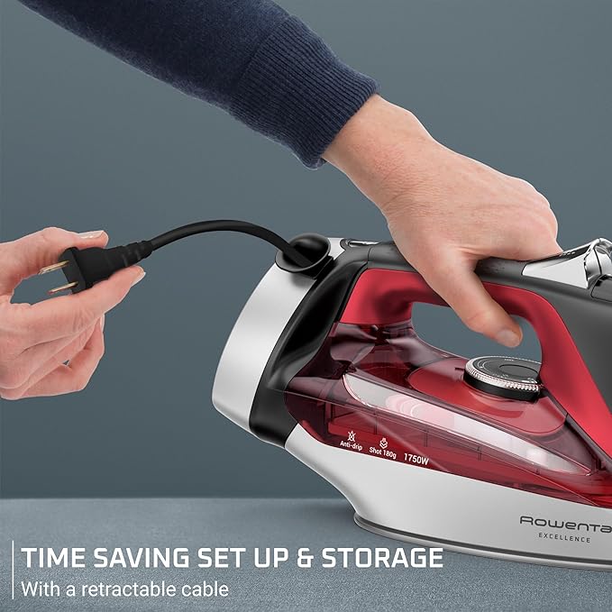 Rowenta, Iron, Focus Excellence Stainless Steel Soleplate Steam Iron for Clothes, Retractable Cord, 400+ Microsteam Holes, Powerful steam, LED Display, 1750 W Ironing Clothes, Cordreel, Red DW5433