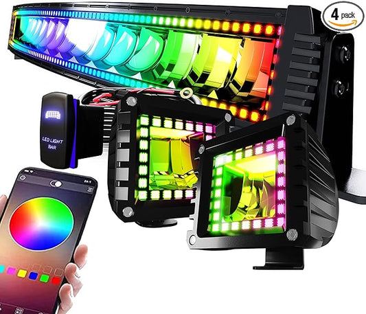 32" Curved RGB LED Light Bar 2X 4 Flood LED Pods with Chasing RGB Halo 16 Solid Colors Offroad Driving Fog Lights with Switch Wiring Harness