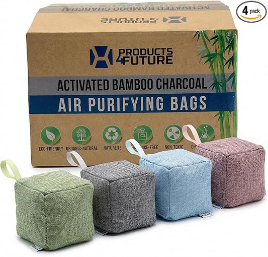 4 pack Naturally Activated Bamboo Charcoal Air Purifying Bags | Natural Home Deodorizer Bag | Charcoal Bag Odor Absorber For Pets | Odor Eliminator & Moisture Absorber Air Freshener Bag (200g Cube)