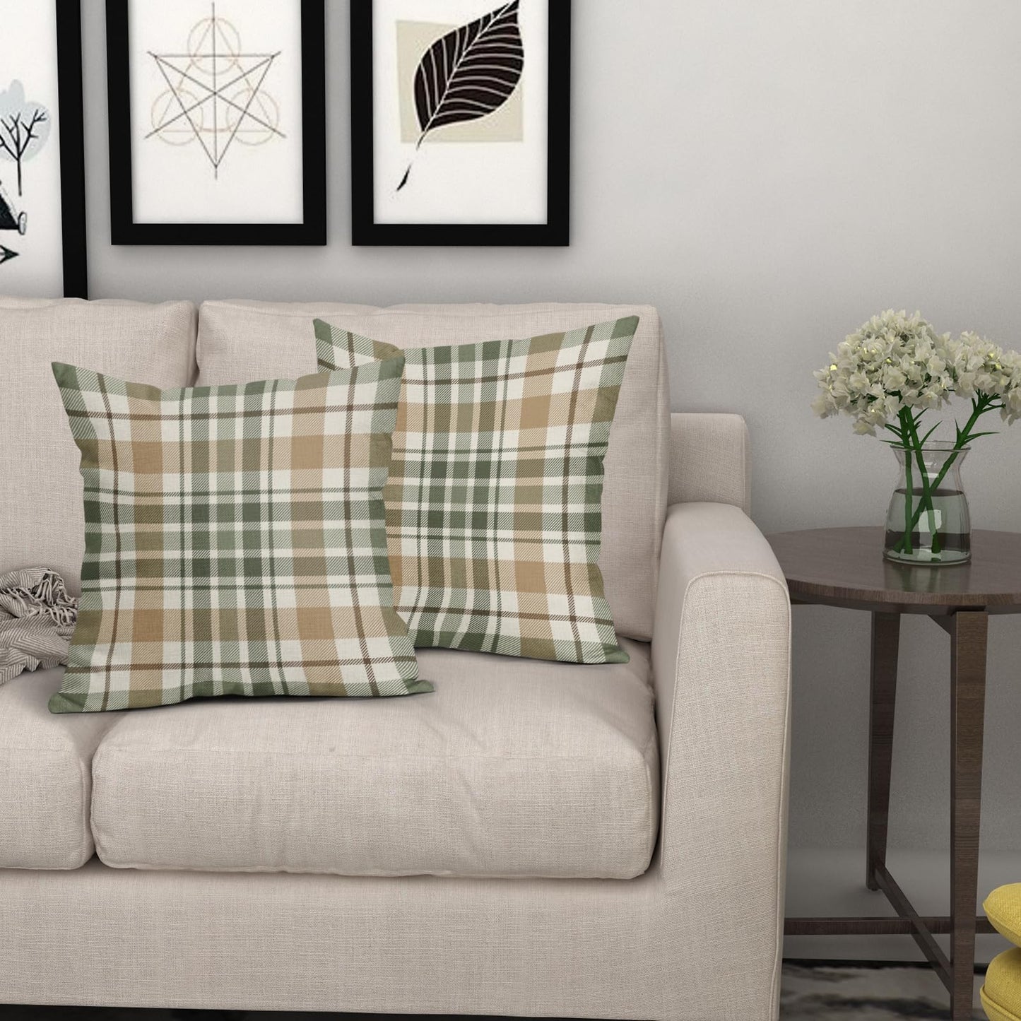 Aytipun Brown Green Spring Plaid Pillow Covers 20x20 Set of 2 Seasonal Tartan Buffalo Plaid Holiday Print Decorative Outdoor Pillowcases Farmhouse Summer Throw Cushion Case Couch Sofa Bed Decor