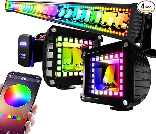 52" RGB LED Light Bar 2Pcs 4" Flood LED Pods with Multi-Color Chasing RGB Halo 16 Solid Colors Over 92 Flashing Modes Offroad Lights Driving Lamp Fog Lights with Switch Wiring Harness