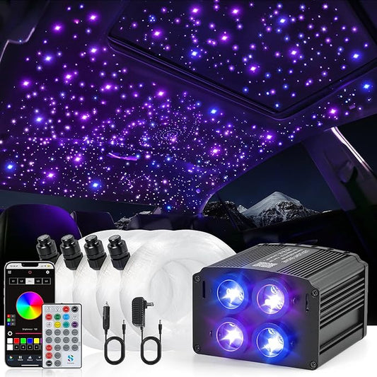 4 Colors 32W Twinkle Starlight Headliner Kit for Car Home with APP&RF Remote,RGBW 500pcs*0.03in*13.1ft Cables Fiber Optic Star Sky Roof Lights,4 Port Engine Sound Activated Car Ceiling Star Lights