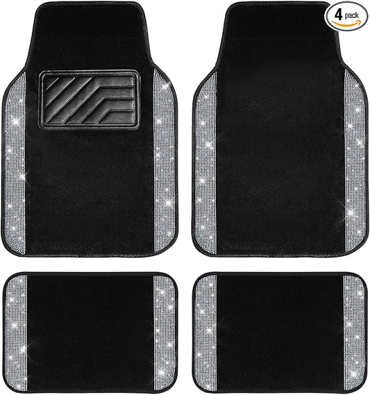 CAR PASS Bling Diamond Car Floor Mats, Shining Rhinestone Carpet Sparkly Glitter Crystal with Anti-Slip PVC Heel Pad Waterproof Universal Fit Automotive SUV,Sedan,Van,Cute Girl Women,4pcs Black Sliver