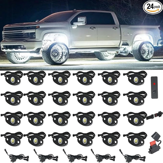 24pods White Rock Lights Dc 12v-80v 6000k Aluminum Alloy Pure White Led Rock Lights with Switch Wiring Harness Kit Ip68 Waterproof for Trucks Pickup Offroad Car SUV Utv ATV Rv Fends Underglow Lights