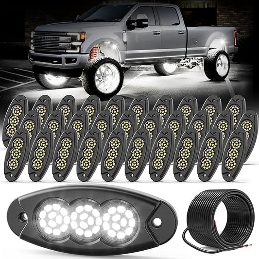 30Pods Pure White Rock Lights 36 LEDs SMD Chips 6500K Super Bright Underglow Light IP68 Waterproof for Trucks Pickup SUV Car with 32.8ft Wire