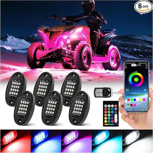 6 Pods Segmented RGB LED Rock Lights for ATV UTV RZR SXS Golf Cart Truck Off-Road Pickup, Waterproof Multicolor Neon Underglow Kit with APP/RF Remote Multi Zone Control Sync Music Red Brake Light 12V