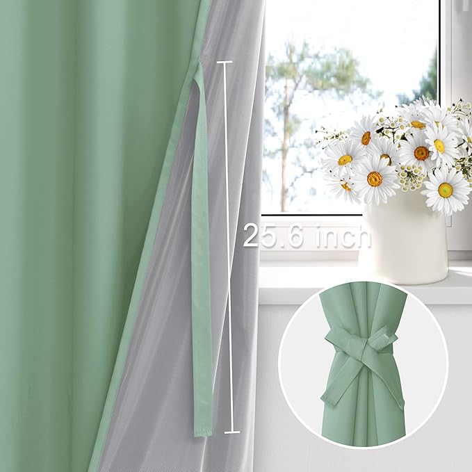 XWZO 100% Blackout Curtains 54 Inches Long with Tiebacks- Soundproof & Energy Efficiency Window Draperies Grommet Top with Black Liner for Bedroom/Living Room, Light Sage, W52 x L54, Set of 2