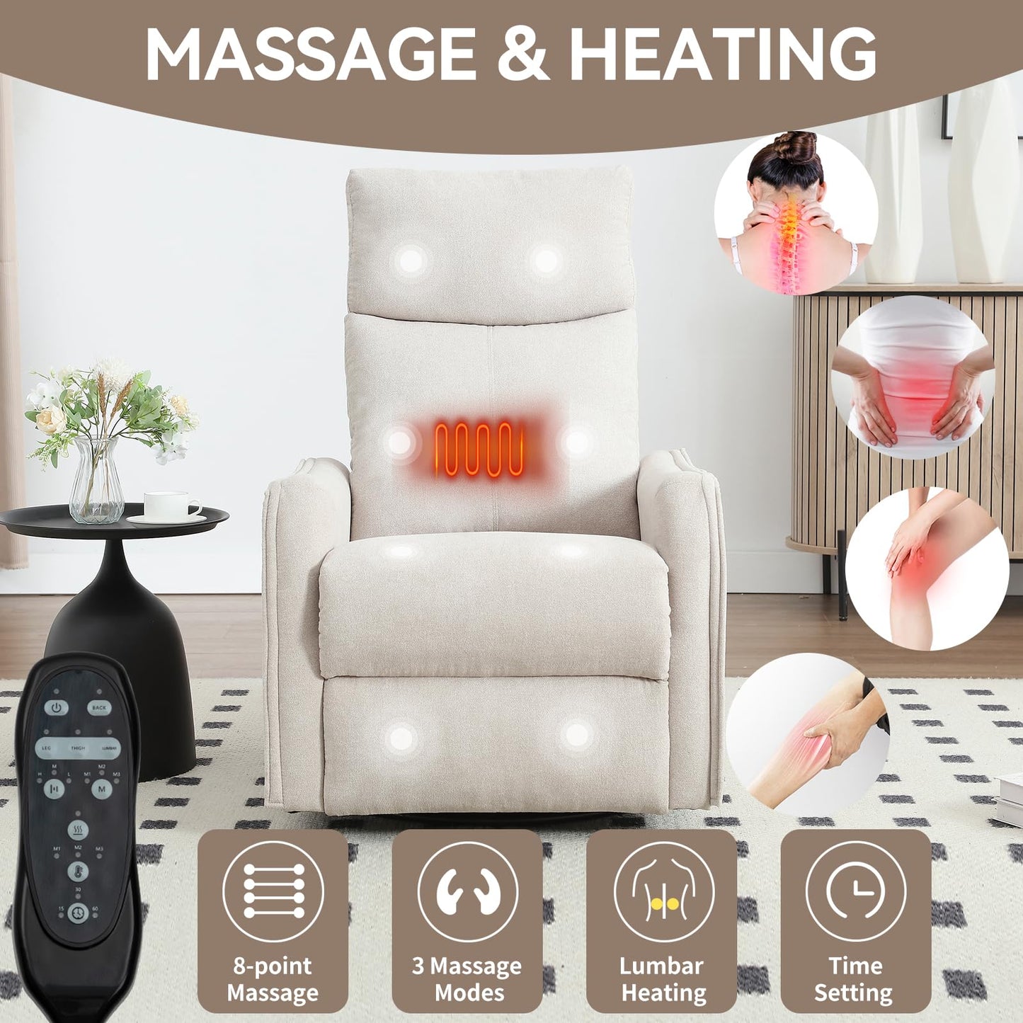 MYEYPEL 360°Swivel in Fabric Reclining Chairs,Heat Massage Manual Recliner Chair,Small Recliners Spaces,Single Lazyboy Recliner Sofa for Living Room,RV,Bedroom,Beige
