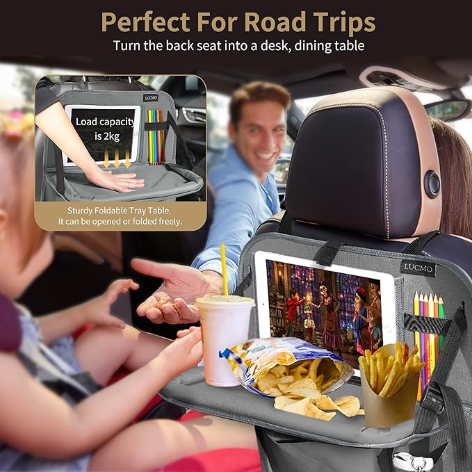 LUCMO Car Backseat Organizer with Tablet Holder,6 Storage Pockets Car Storage Organizer with Foldable Food Tray,Protectors Kick Mats Travel Accessories-Grey