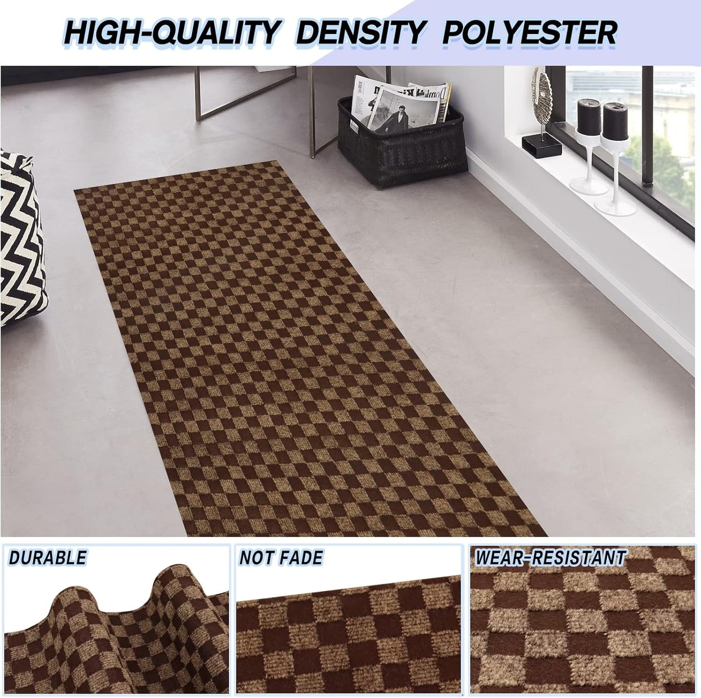 Custom Size Backed Non-Slip Area Rugs Runner, Easy Clean, Waterproof Runner Rugs for Hallway Entryway, Kitchen, Laundry, 2FT x 50FT, Brown Checkered