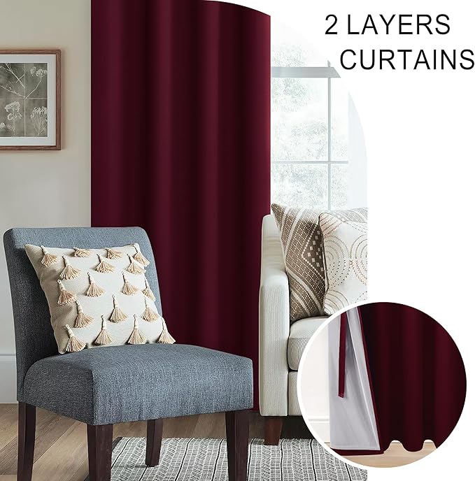 XWZO Full Shading Blackout Curtains 54 Inches Length - Heat and Light Blocking Ring Top Window Drapes with Black Liner Backing for Bedroom Sewn with Tiebacks, Burgundy, W38 x L54, Set of 2 Panels