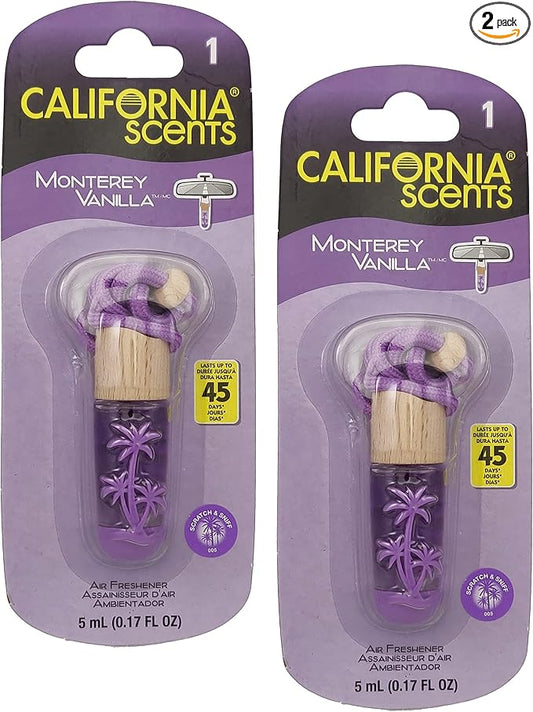 California Scents Air Fresheners Hanging Vial Necklace, Hanging Car Air Freshener & Odor Eliminator for Strong Odor (2 Packs, Monterey Vanilla)