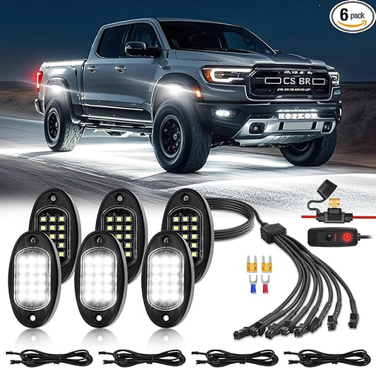 6 Pods White LED Rock Lights with Switch Extension Harness, 6000K 24 LEDs Pure White Neon Underglow Light for ATV SUV UTV RZR SXS Car Trailer Truck, IP67 Waterproof Under Trail Rig Fender Lighting