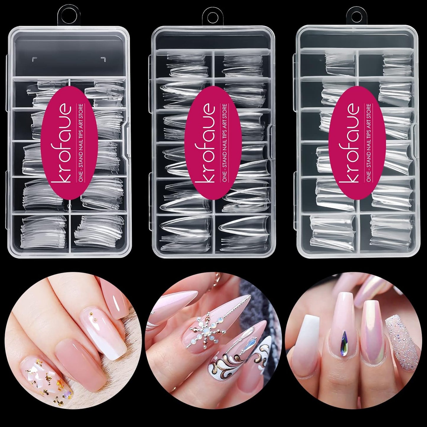 krofaue 3 Styles False Nail Tips Kit,340PCS Clear Coffin French Stiletto Nail Tips Half Cover Acrylic Artificial Press on Nails for Nail Extension Soft Gel Tips Art DIY