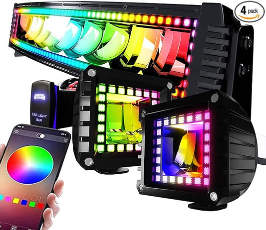 22" Curved RGB LED Light Bar 2X 4 Flood LED Pods with Chasing RGB Halo 16 Solid Colors Offroad Driving Fog Lights with Switch Wiring Harness
