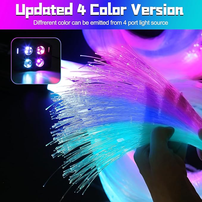 4 Colors 32W Twinkle Car Starlight Headliner Kit 800pcs*0.03in*13.1ft with APP&RF Remote,RGBW Fiber Optic Strands Star Roof Lights,4 Port Engine Sound Activated Ceiling Star Lights for Home/Car Decor