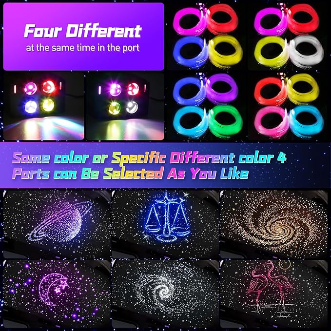 4 Colors 32W Twinkle Car Starlight Headliner Kit 500pcs*0.03in*13.1ft with APP&RF Remote, RGBW Fiber Optic Strands Star Roof Lights,4 Port Engine Sound Activated Ceiling Star Lights for Home/Car Decor