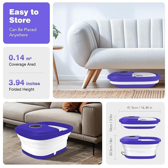 Collapsible Foot Spa Bath with Heat, Remote Control, Temperature Control, Bubbles, Pumice Stone, Red Light, Timer, 16 Massage Roller Pedicure Foot Spa for Relaxation and Stress Relief, Purple