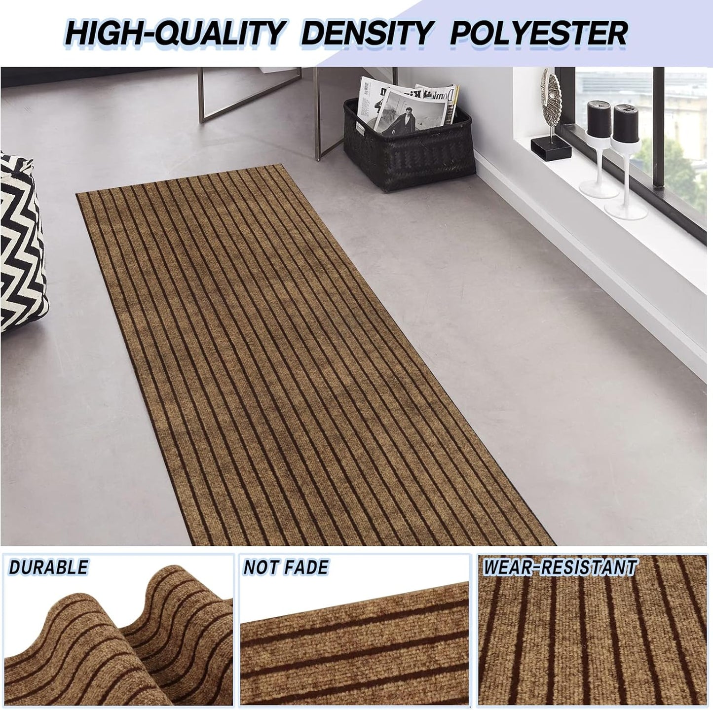 Custom Size Backed Non-Slip Area Rugs Runner, Easy Clean, Waterproof Runner Rugs for Hallway Entryway, Kitchen, Laundry, 4FT x 8FT, Brown Stripe