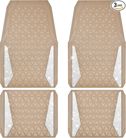 CAR PASS Bling Diamond Car Mats Rubber Floor Mats Full Set Anti-Slip 3D Rhombus Waterproof Trim to Fit Liner Universal Glitter Crystal Sparkly Shining Rhinestone Girl Women SUV Sedan Van, Beige Rubber