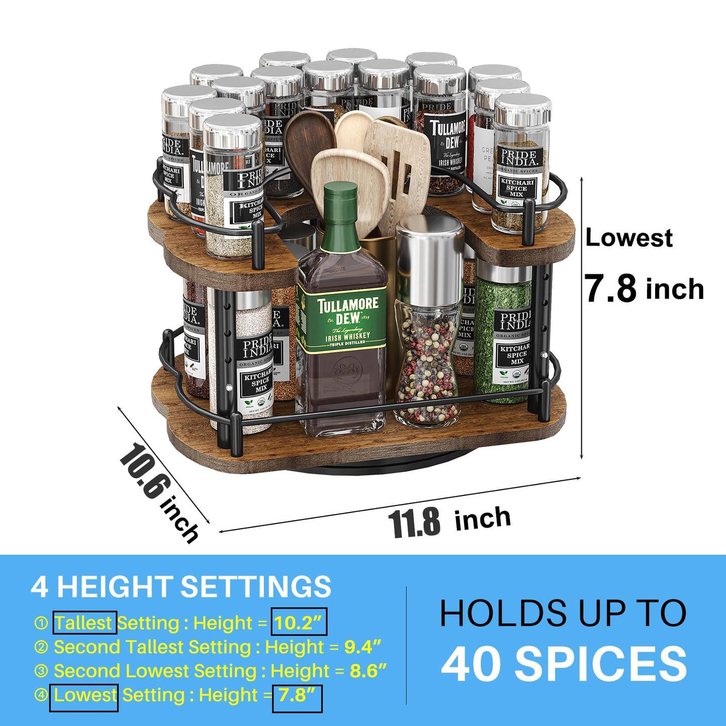 Lazy Susan Organizer Spice Rack - Spice Organization for Cabinet Height Adjustable Rotating Lazy Turntable, Pantry Kitchen Wood Revolving Seasoning Organizer, 12 inches, Black
