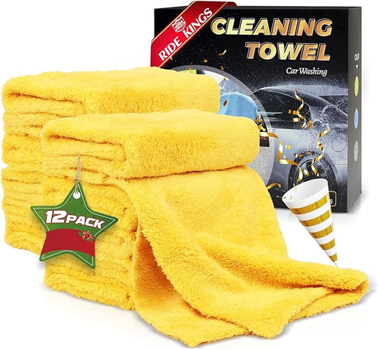 Car Wash Drying Towels, 450gsm Ultra-Thick Absorbent Lint-Free Extra Soft Microfiber Rags for Car Detailing, Interior & Exterior Cleaning Cloths, 16in x 16in - Coral Fleece, Yellow, 12 Packs