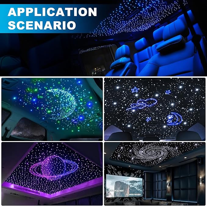 4 Colors 32W Twinkle Starlight Headliner Kit for Car Home with APP&RF Remote,RGBW 600pcs*0.03in*13.1ft Cables Fiber Optic Star Sky Roof Lights,4 Port Engine Sound Activated Car Ceiling Star Lights