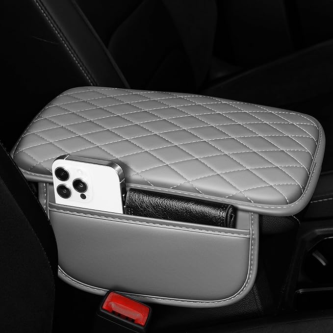 Center Console Cover for Cars Fit for Jeep Cherokee Leather Armrest Covers with 2 Storage Bags(Grey)