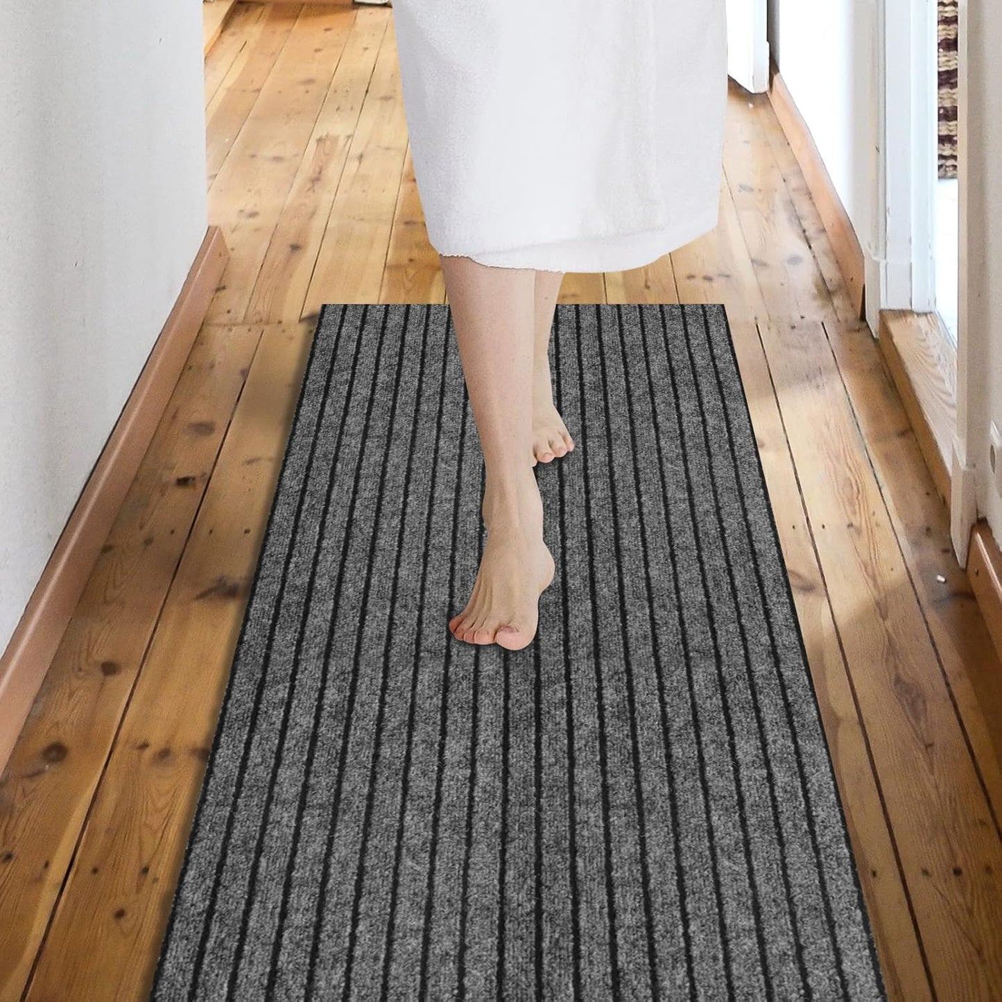 Custom Size Backed Non-Slip Area Rugs Runner, Easy Clean, Waterproof Runner Rugs for Hallway Entryway, Kitchen, Laundry, 2FT x 52FT, Gray Stripe